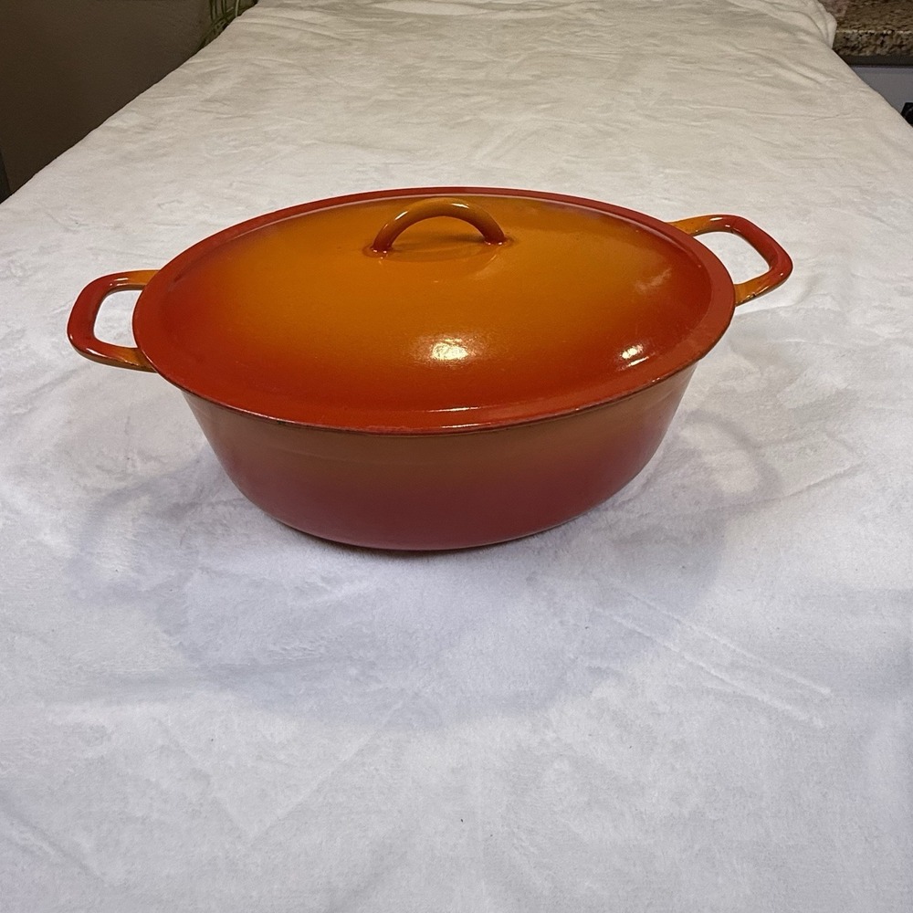 Vintage Descoware Flame Orange Oval Enameled Cast Iron Dutch Oven FE 8 Belgium